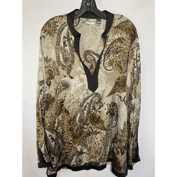 Chico's Womens Silk Blend Paisley Patterned V-Neck Long Sleeve Blouse Tan Size 3 - Picture 1 of 7